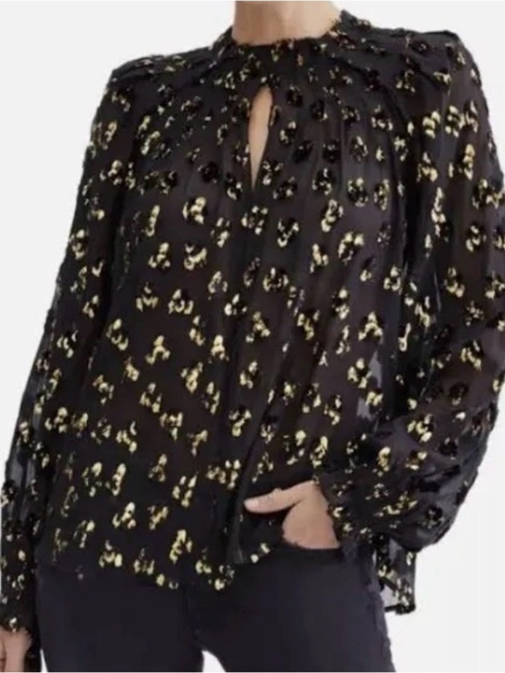 7 For All Mankind Black Blouse with Gold Foil Dot Print